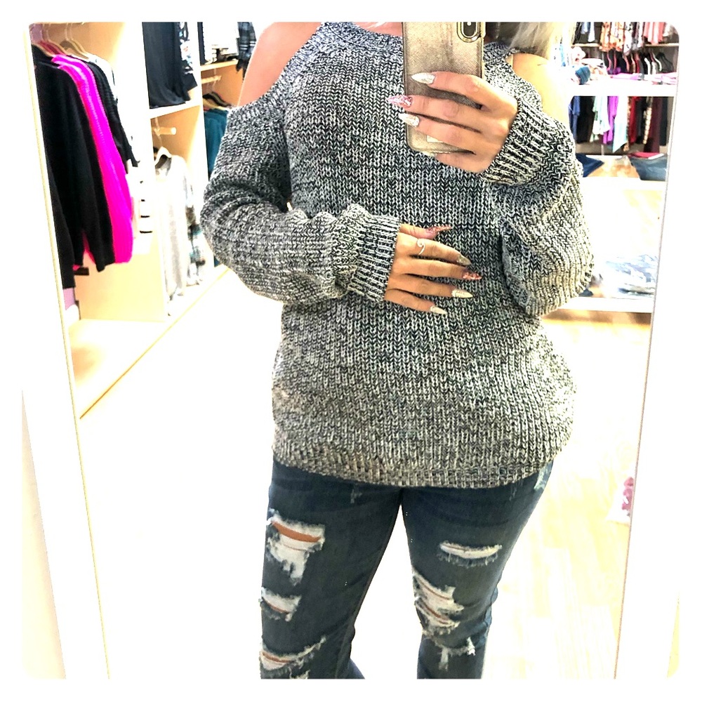 Chunky Black and White Cold Shoulder Sweater